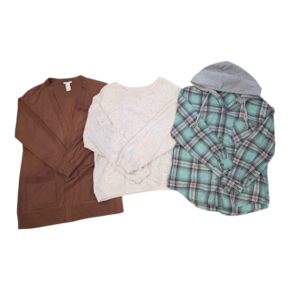 Spring, LongSleeve Chocolate Brown Cardigan, Teal/pink Flannel, Cream Sweater XL